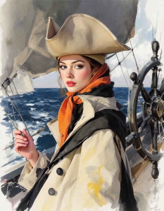 Female sailing captain in a tricorn hat stands at a ship's wheel on the open ocean