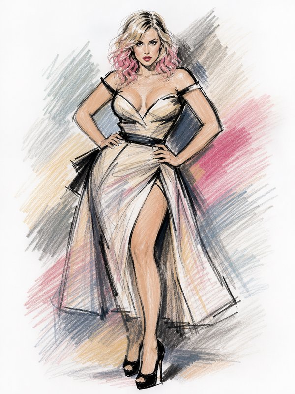 Fashion sketch of a glamorous woman with pink-tipped blonde hair posing in an off-shoulder evening gown