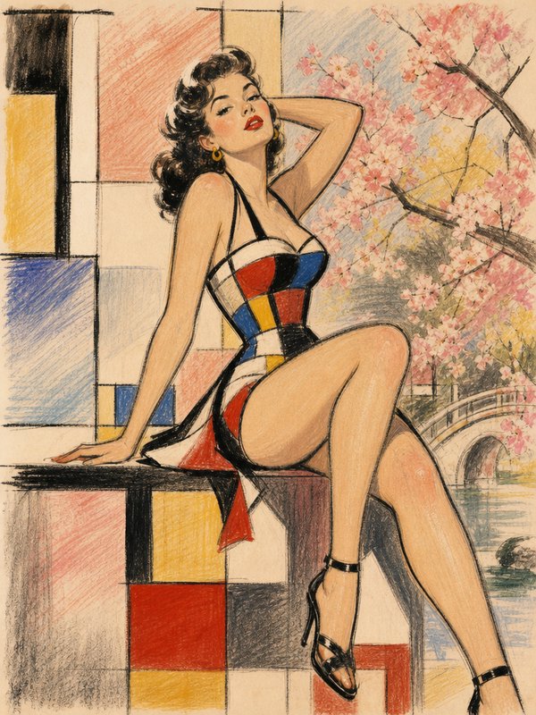 Glamorous 1950s pinup woman in a Mondrian geometric dress posed against a split art background