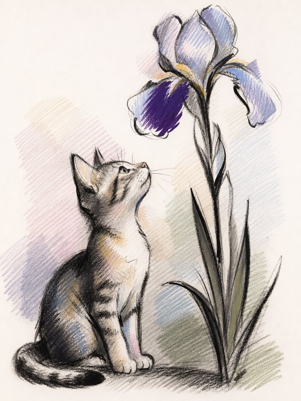 Curious tabby kitten sits upright gazing up at a tall blooming purple iris flower