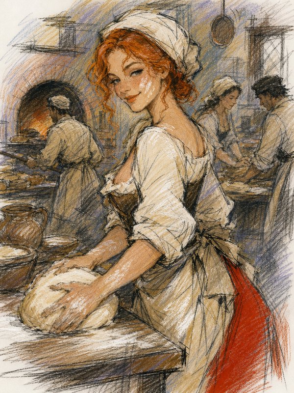 Red-haired female baker kneads dough in a bustling historic village bakery