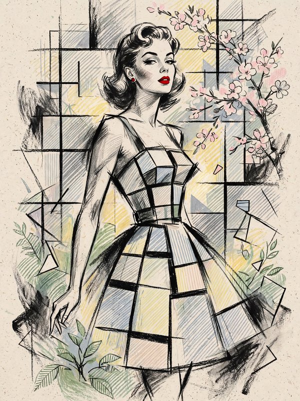 Mid-century fashion illustration of a glamorous woman in a geometric check dress beside cherry blossom branches