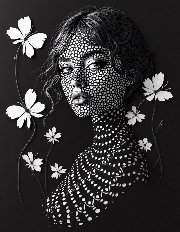 Surreal monochrome portrait of a woman with perforated dotted skin framed by delicate white flowers on a black background