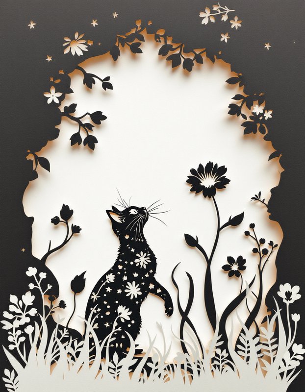 Layered papercut illustration of a floral patterned black cat sitting in grass beneath a starry floral arch