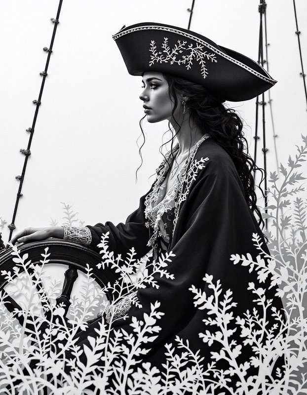 Elegant female pirate in an embroidered tricorn hat rests her hand on a ship's wheel framed by delicate foliage