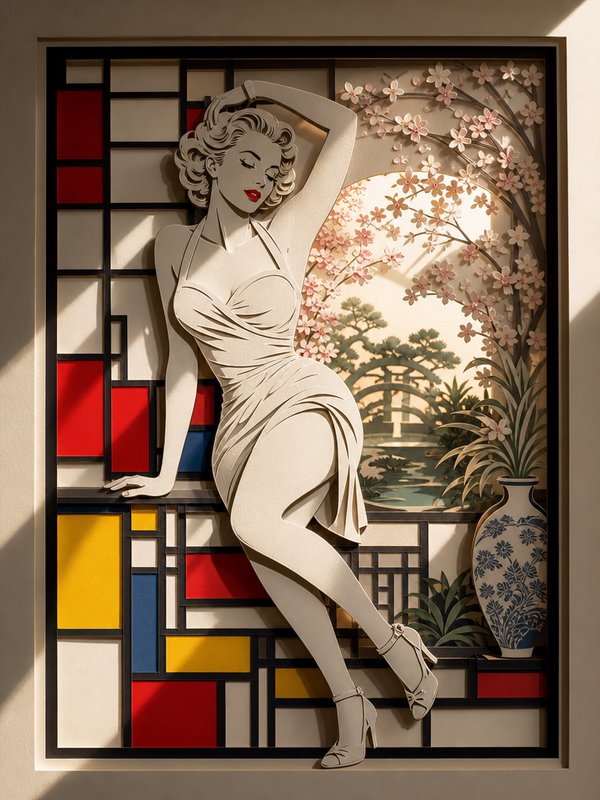 Intricate layered paper cutout of a glamorous vintage pinup woman set against Mondrian grids and cherry blossom scenery