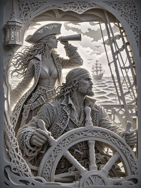 Intricate layered papercut art of a pirate couple navigating their ship on the open ocean