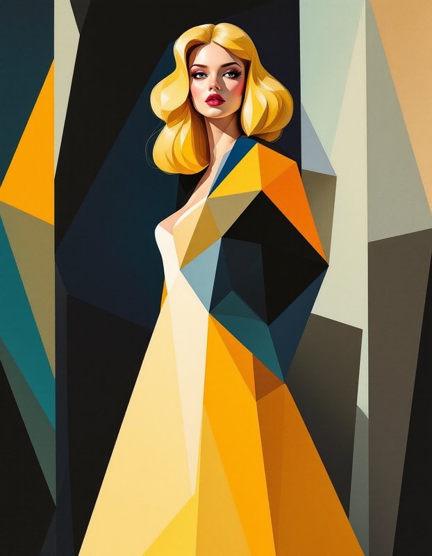 Cubist geometric portrait of a glamorous blonde woman in a faceted abstract gown against angular patterned background