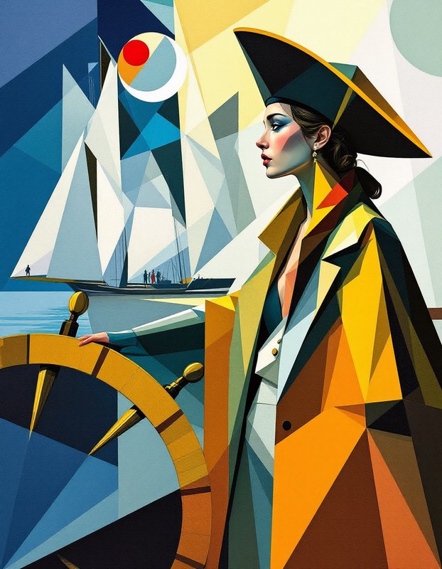 Cubist portrait of a female sea captain holding a ship's wheel with a sailboat behind her