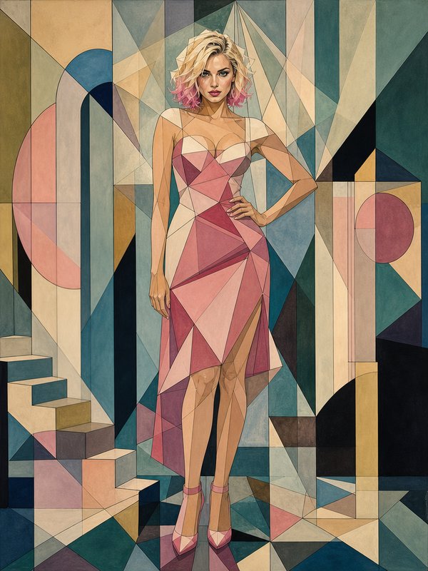 Cubist portrait of a blonde woman with pink hair ends wearing a geometric pink gown against an abstract angular backdrop