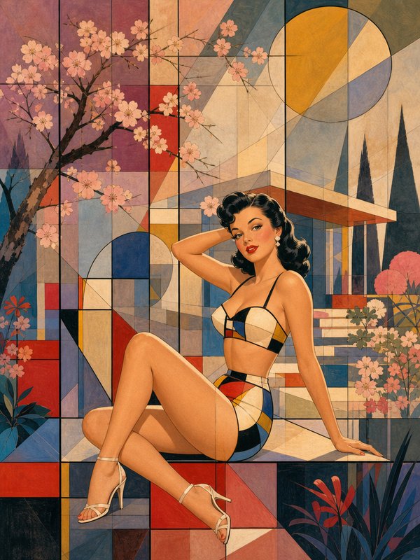 Retro 1950s pinup woman in geometric swimsuit seated against a cubist mosaic background with cherry blossoms