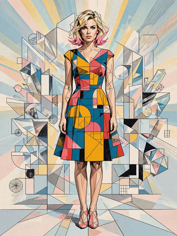 Cubist style portrait of a blonde woman with pink hair tips standing in a bold geometric color-block dress