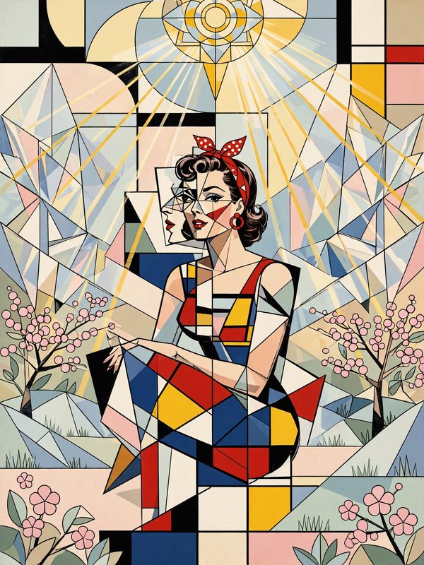 Cubist geometric portrait of a retro pinup woman against a sunlit spring landscape with cherry blossom trees