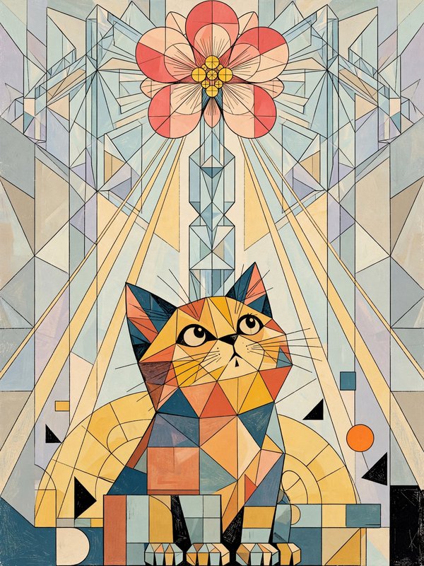 Geometric cubist cat gazing upward at a glowing faceted stained-glass flower