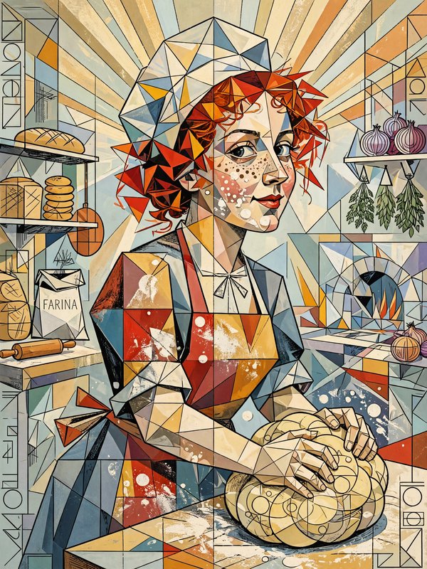 Cubist illustration of a red-haired female baker kneading dough in a sunlit home kitchen