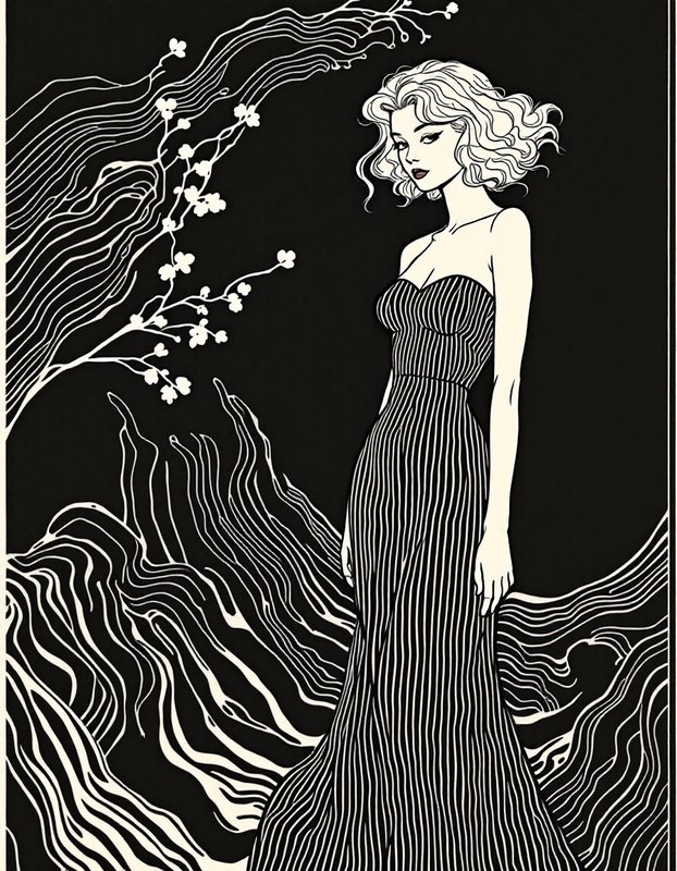 Stylized line art portrait of an elegant woman in a long gown beside flowering branches on a black background