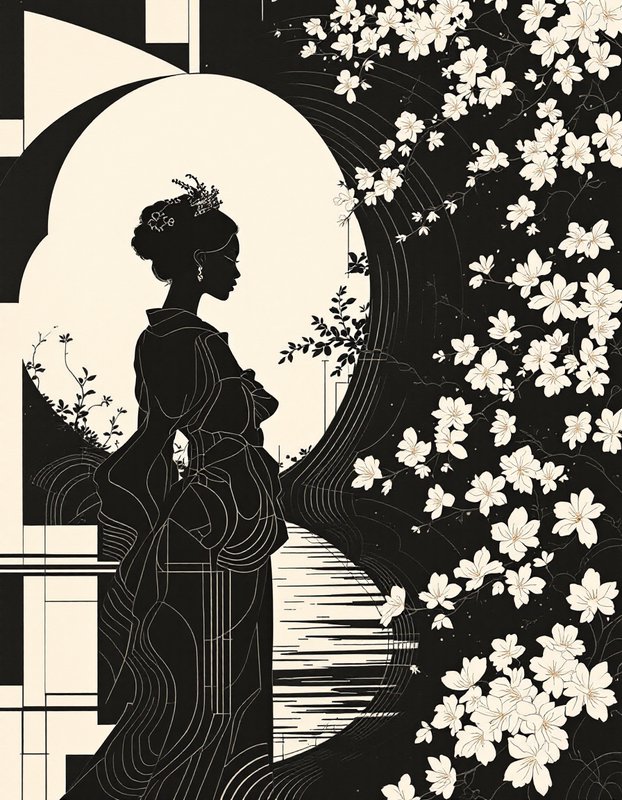 Silhouetted elegant woman in formal wear stands framed by an arch and cascading cherry blossom branches