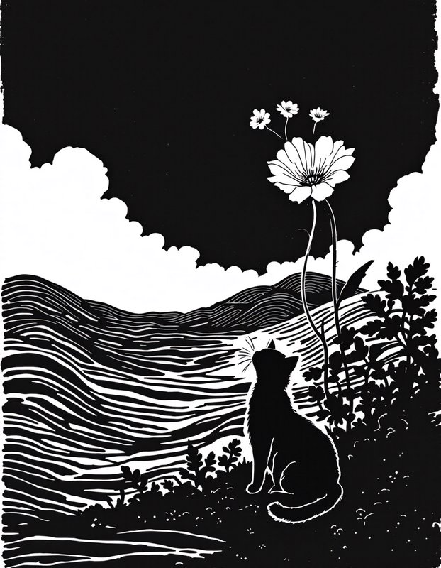 Silhouette of a sitting black cat gazing up at tall wildflowers on a rolling hilly landscape