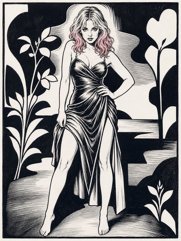 Bold linocut illustration of a pink-haired woman in a draped gown posing among stylized foliage
