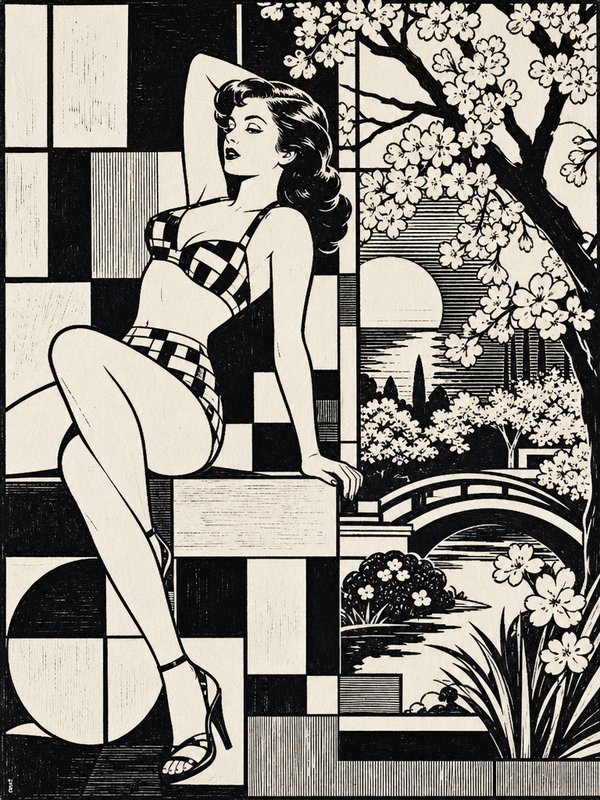 Glamorous retro pinup woman in a checkered bikini seated beside a cherry blossom garden in bold black and white line art