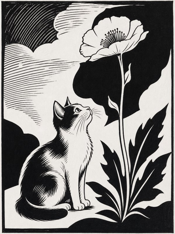 Tuxedo cat sits looking up at a tall poppy flower in a bold black and white linocut illustration