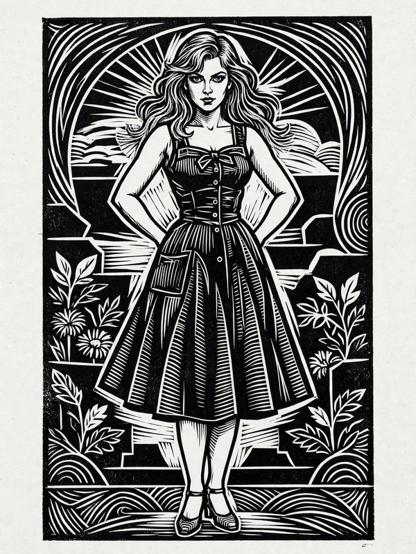 Bold black and white linocut of a confident woman in a vintage dress standing with hands on her hips