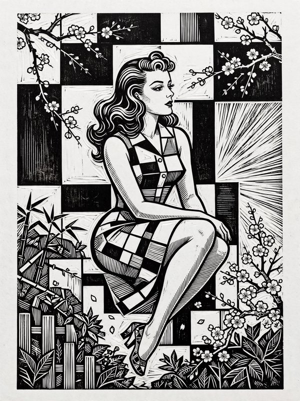 Black and white linocut of a vintage 1950s pinup woman in a plaid dress seated among cherry blossom branches