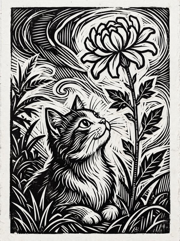 Black and white linocut of a fluffy cat gazing up at a large blooming chrysanthemum flower