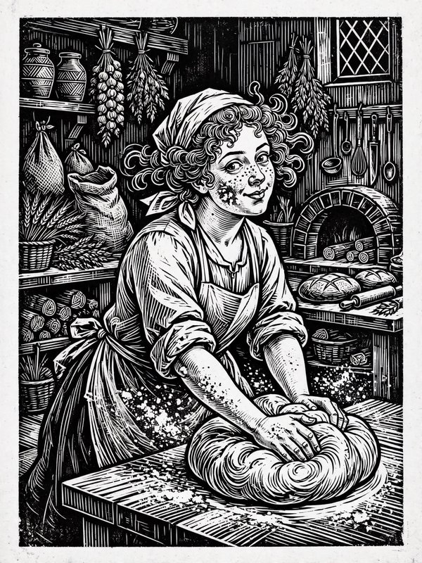 Smiling female baker kneads bread dough in a cozy rustic cottage kitchen, rendered in bold woodcut style