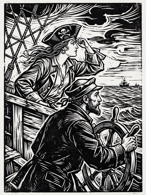 Female pirate captain and bearded helmsman scan the horizon from their ship deck in a vintage linocut illustration