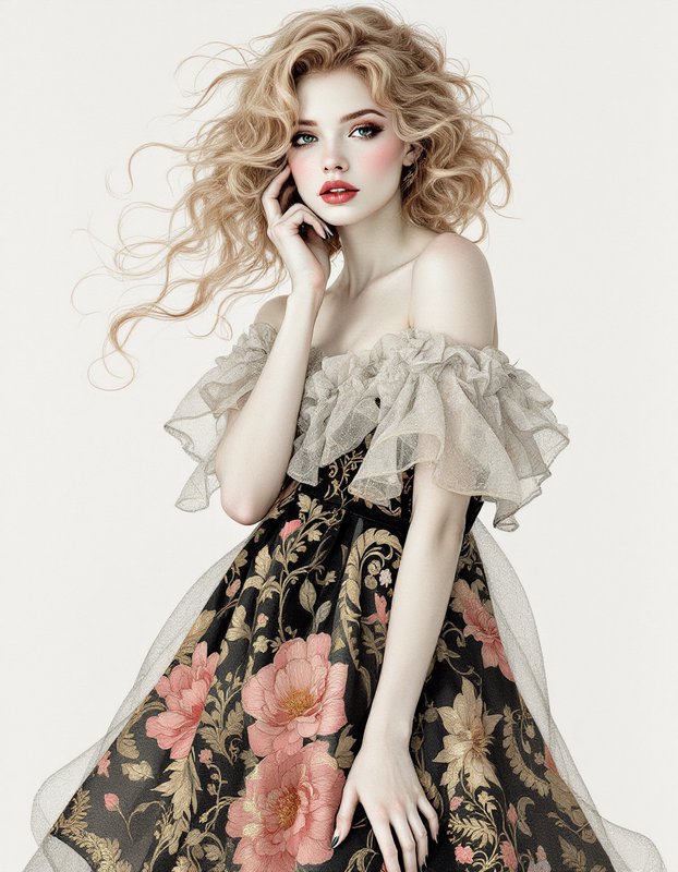 Young woman with windswept curly blonde hair wears an ornate floral off-shoulder gown against a plain light background