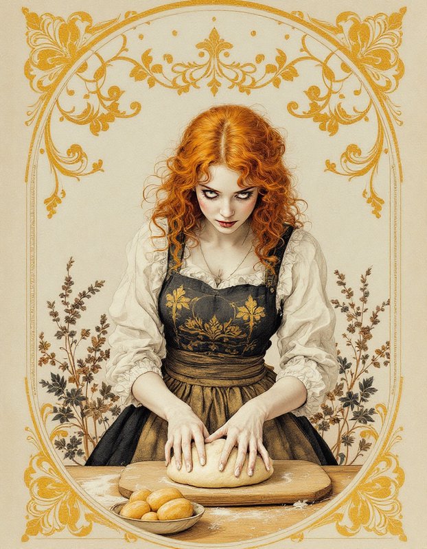 Curly red haired folk baker kneading bread dough within an ornate gilded vintage frame