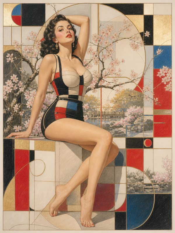 Mid-century pinup woman in a color-block swimsuit seated against a geometric cherry blossom backdrop
