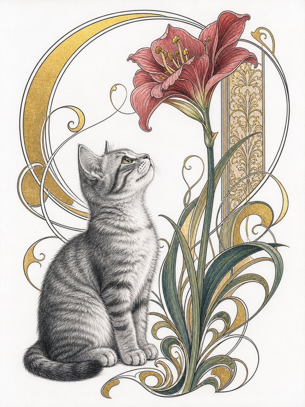Gray tabby kitten gazing up at a large red amaryllis surrounded by ornate art nouveau gilded scrollwork