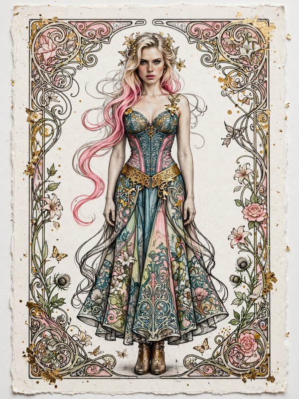 Art nouveau portrait of a fantasy fairy woman with pink streaked hair inside an ornate floral filigree border