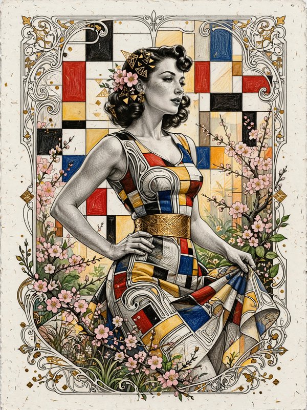Art nouveau illustration of a vintage woman in a geometric patchwork dress framed by cherry blossom branches