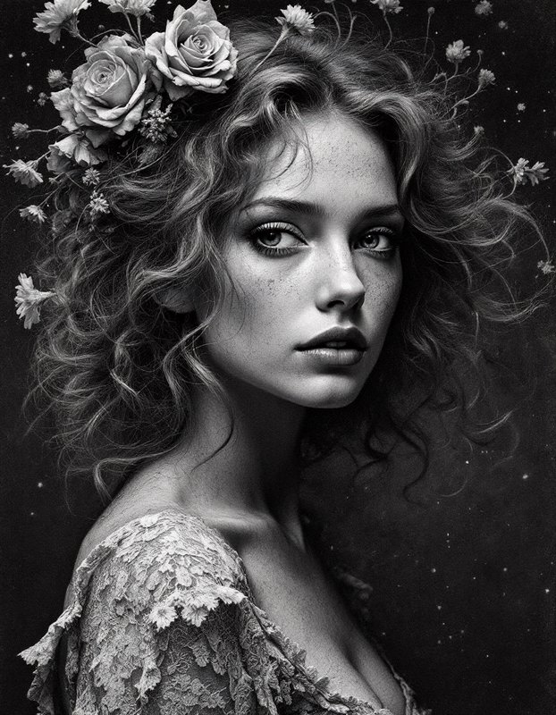 Dramatic monochrome portrait of a freckled young woman with wild curly hair and flowers woven through her curls