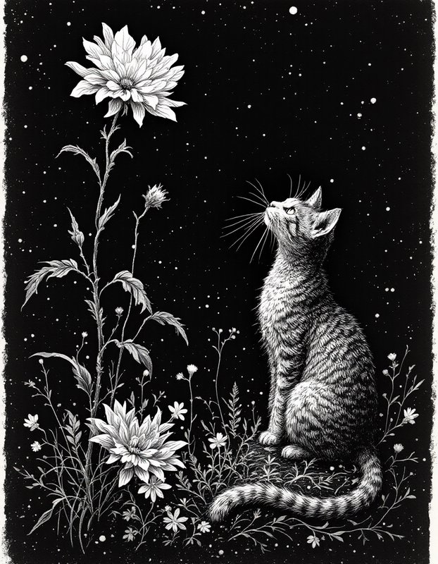 Striped tabby cat sits among tall dahlia flowers looking up at a starry dark night sky
