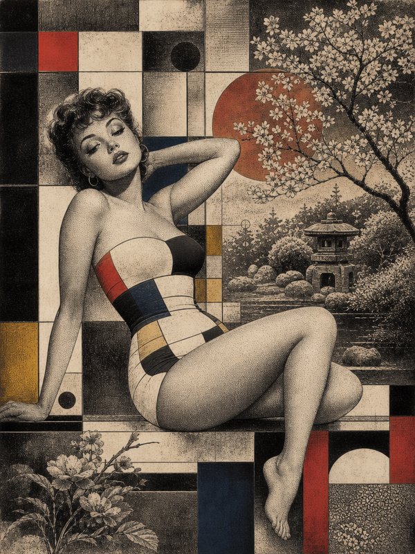 Retro pinup woman in geometric color-block swimsuit seated against mixed abstract Japanese garden backdrop