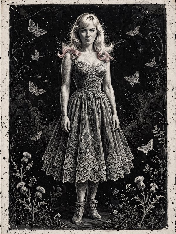 Vintage stippled portrait of a blonde woman in a lace corset dress surrounded by moths and thistle blooms