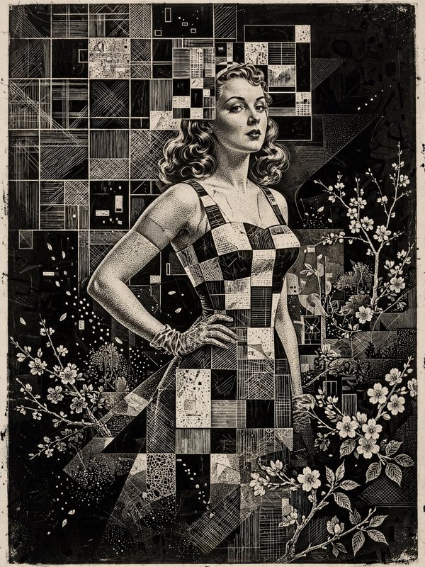Surreal linocut portrait of a poised mid-century woman in a checkered patchwork dress framed by cherry blossom branches
