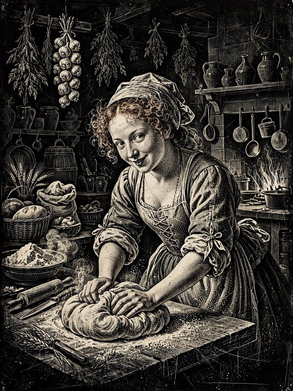 Smiling historical female baker kneads dough on a wooden table in a rustic cottage kitchen