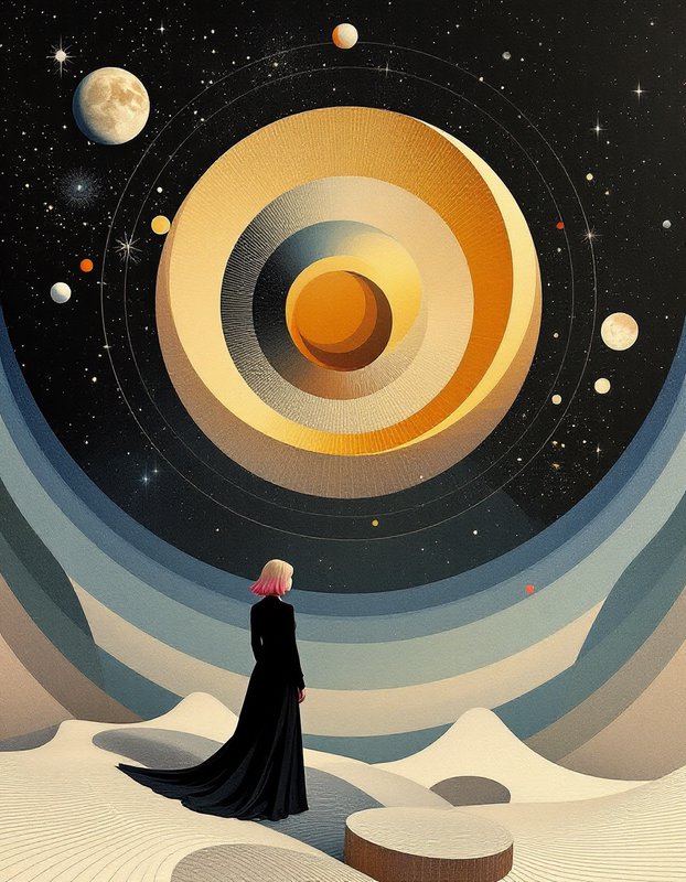 Woman with pink tipped hair in a long black gown gazes at a swirling cosmic structure above sandy dunes