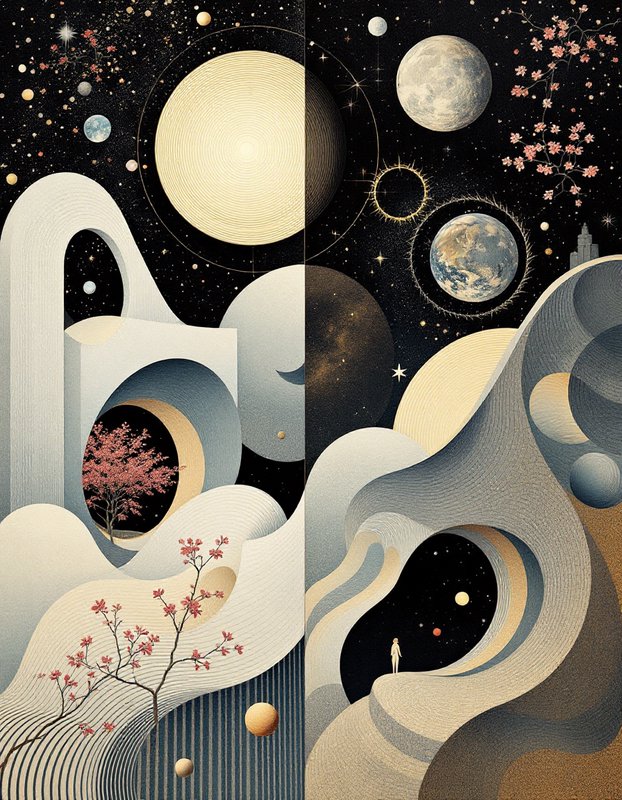 Surreal cosmic illustration with wavy abstract architecture, cherry blossoms, planets, and a small figure against a starry