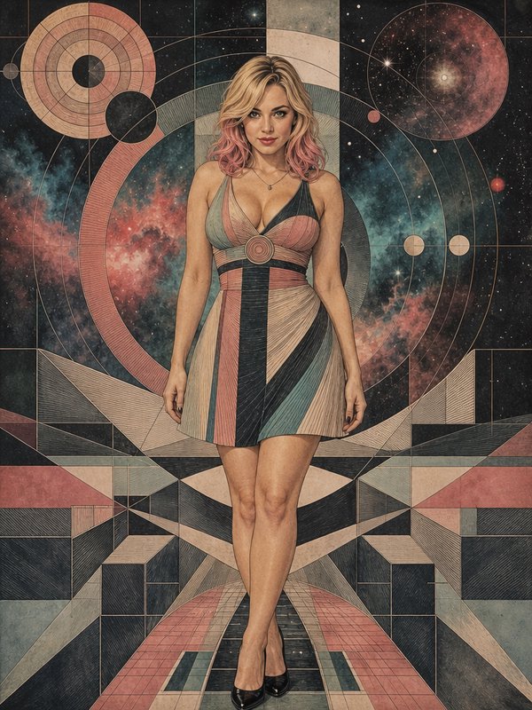 Blonde woman with pink-tipped hair in a geometric mini dress stands against a cosmic geometric art deco backdrop