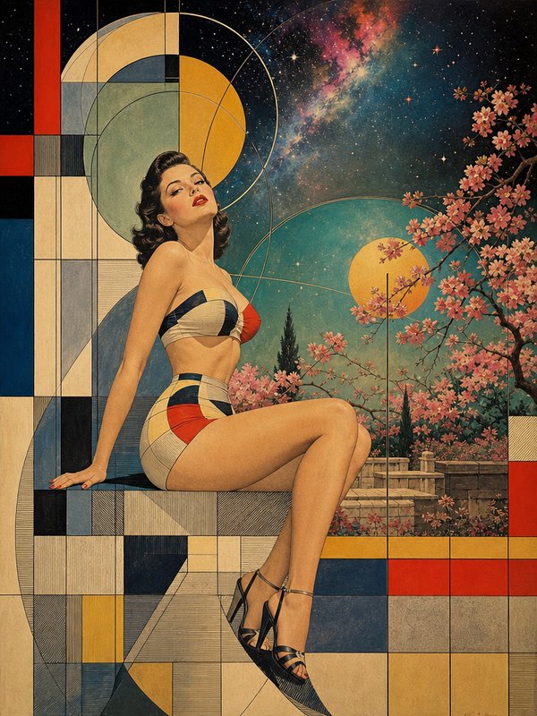 Retro 1950s pinup woman in geometric swimsuit seated against a surreal cubist cosmic cherry blossom backdrop