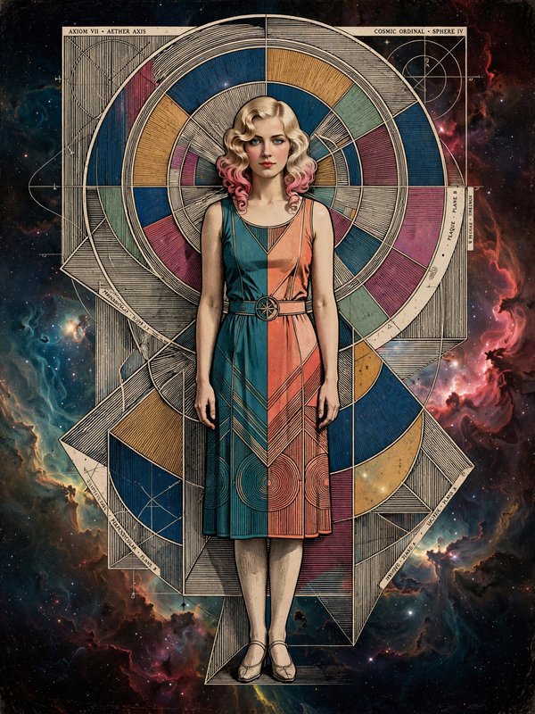1920s flapper woman with pink tipped hair stands before a cosmic geometric diagram against a starry nebula backdrop