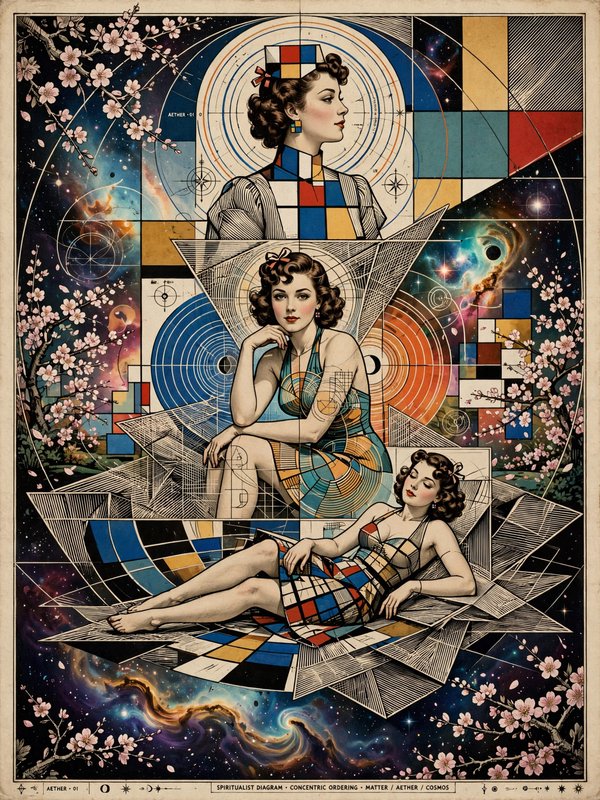 Three vintage styled women in geometric Mondrian dresses stacked against a cosmic diagram and cherry blossom backdrop