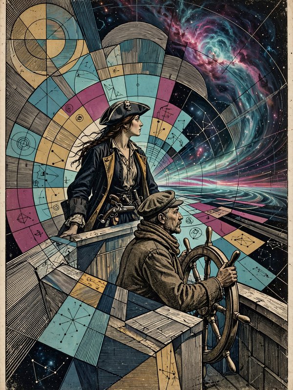 Female pirate captain and helmsman stand at the helm of a sailing ship traveling through a swirling cosmic nebula