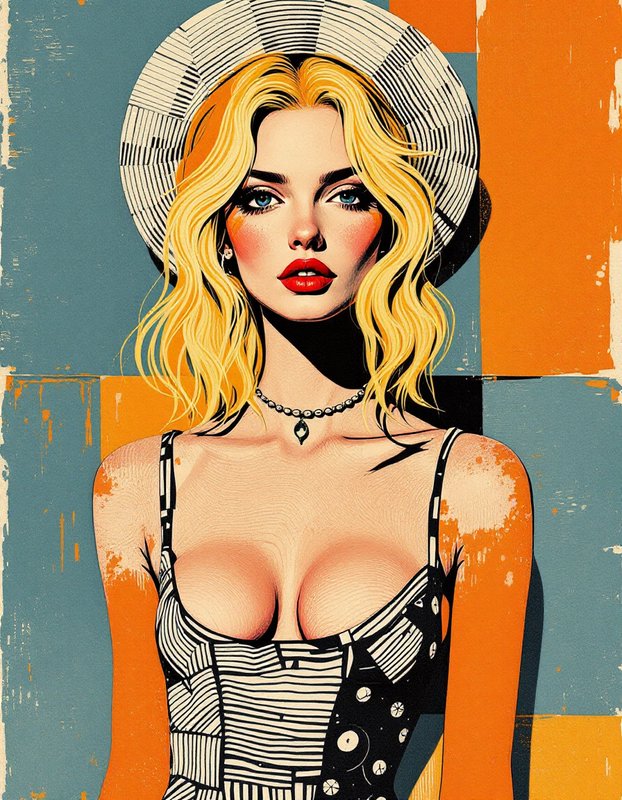 Retro pop art portrait of a glamorous blonde woman wearing a wide striped sun hat against a geometric block background